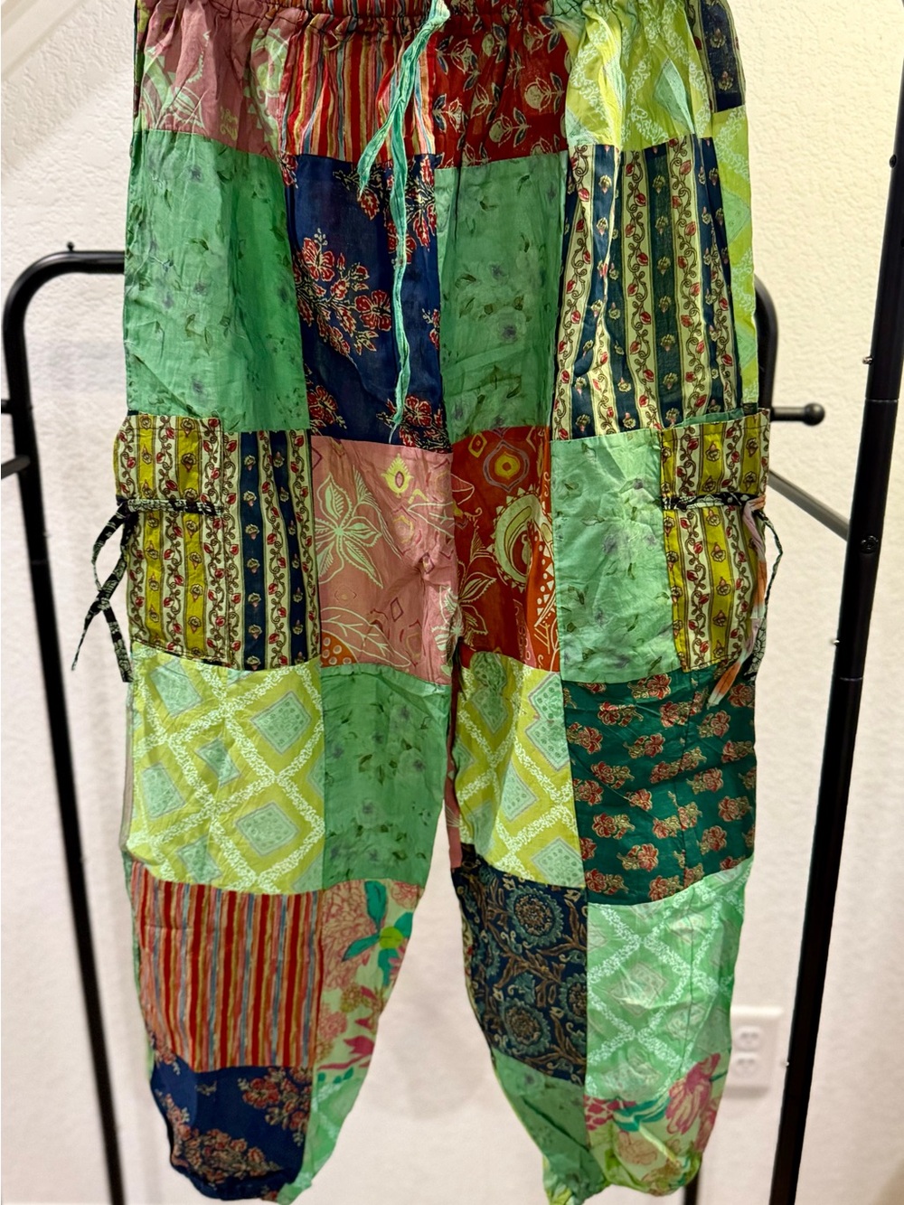 Patchwork Boho Drawstring Pants in Green Multi-NWOT